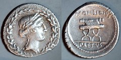RRC 465/1a C.CONSIDIVS PAETVS Considia Denarius. Apollo within wreath, Curule chair on which small tablet but no wreath - variety not in Crawford. Rome 46BC.