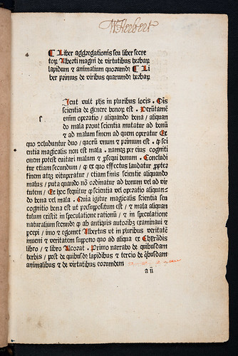 Ownership inscription in Albertus Magnus [pseudo-]: Liber aggregationis, seu Liber secretorum de virtutibus herbarum, lapidum et animalium quorundam
