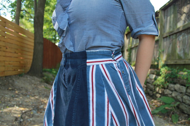 July 3rd Outfit: DIY skirt made from men's shirt sleeves, eyelet oxfords, ruffle chambray shirt, herringbone braid