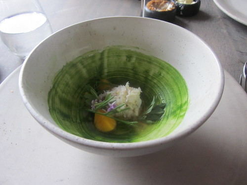 Noma - Copenhagen - August 2012 - Stone Crab with Parsley Puree, Verbena and Seaweed Broth and Egg Yolk