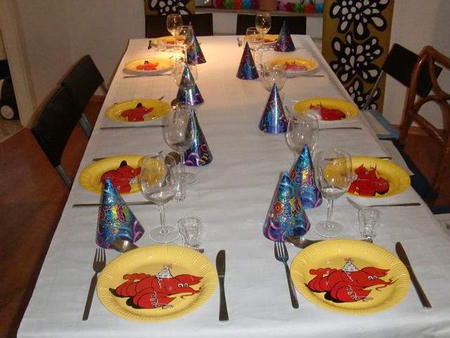 A table decorated for the crayfish party