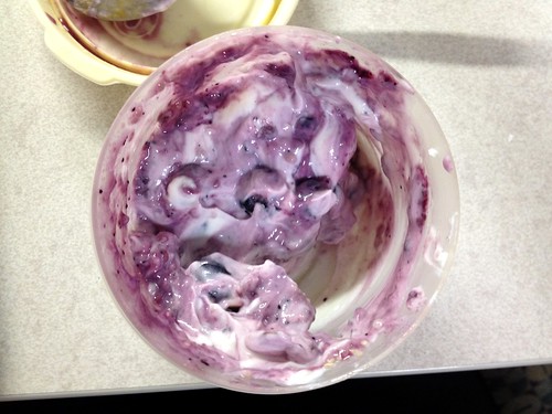 Chobani plain yogurt with blueberries, blueberry preserves, chia seeds, almonds