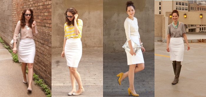white pencil skirt, remix, one skirt, four ways, how to wear, outfit ideas, work outfits
