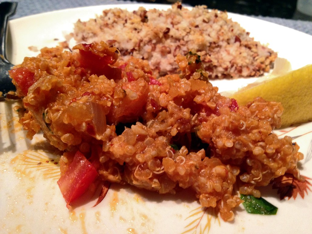 Spicy Tomato Basil Quinoa with Pecan-Crusted Tilapia