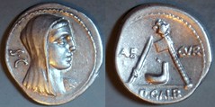69BC 406/1 P.GALB AED CVR Sulpicia Denarius. Vesta S.C. Knife simpulum axe. Rome. Remarkable Vestal portrait, might this be the engravers aunt or mother.