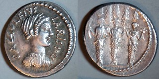 486/1 P.ACCOLEIVS LARISCOLVS Accoleia Denarius. Diana Nemorensis, Three cult nymph statues Diana Hecate Selene, Cypress grove. Rome 41BC (per Woytek)