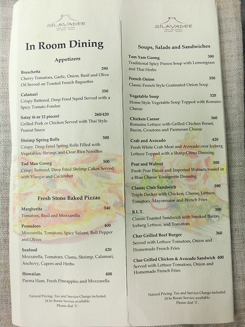 In room dining menu