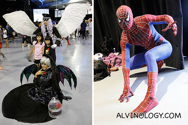 Left: Cosplayers with wings; Right: Spiderman