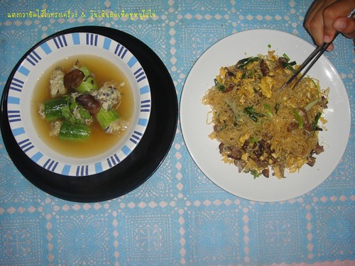 glass noodle stir fry and cucumber stuffing soup