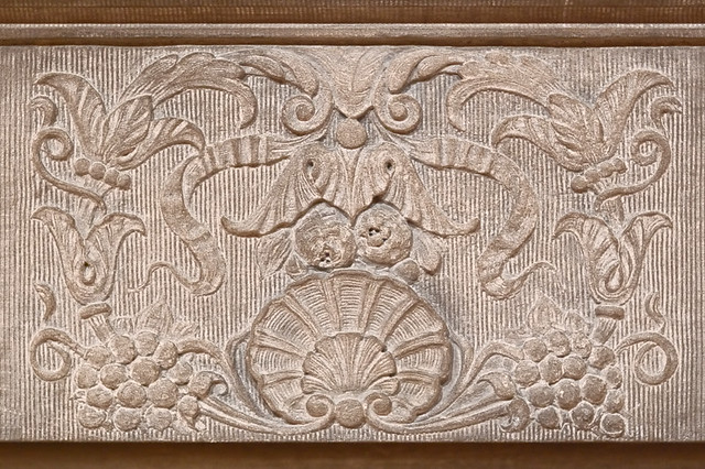 Saint Louis Artists Guild, in Clayton, Missouri, USA - fireplace mantle detail - carved stone