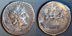 98/A4 Luceria LT Sestertius. Italic civic mint. IIS / Roma, Phrygian helmet / L; Dioscuri / ROMA. Davis collection.