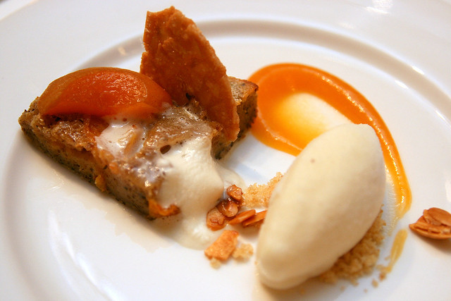 Apricot Clafoutis with almond tuille, honey marinated apricots, bourbon foam and almond ice cream