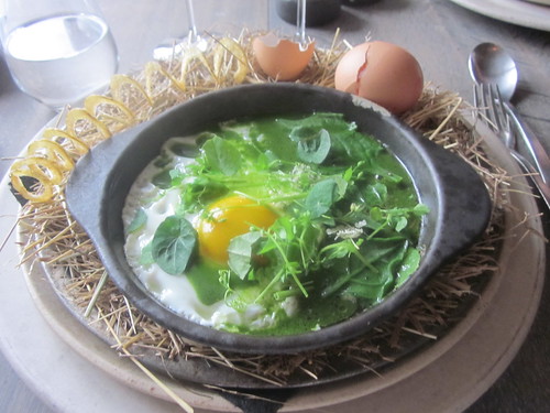 Noma - Copenhagen - August 2012 - The Hen and the Egg, cooked with Hay Oil, Spinach, Nasturium, Oxalis, and Parsley Sauce