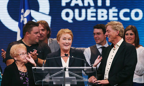Parti Quebecois leader Pauline Marois during her victory speech. The shooting and arson incident behind the hall has overshadowed the significance of the party's victory in the province. by Pan-African News Wire File Photos