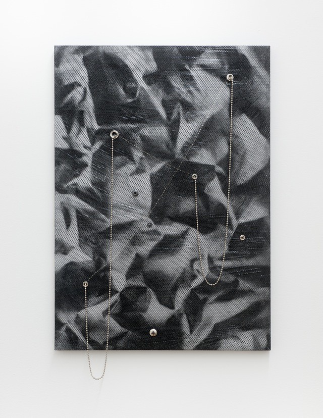 RL2012 New Order, 2012, Spraypaint on mesh fabric, metal beaded chain, clingfilm, various rivets on stretcher, 62 x 44 cm