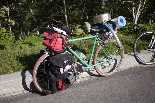 Bicycle of Japanese university student at top of Mikuni Pass (Hokkaido, Japan)