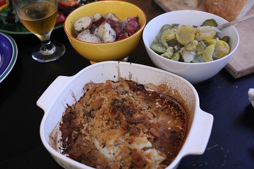 Cracker Crusted Haddock, Boiled Farm Potatoes, and Makeshift Ratatouille