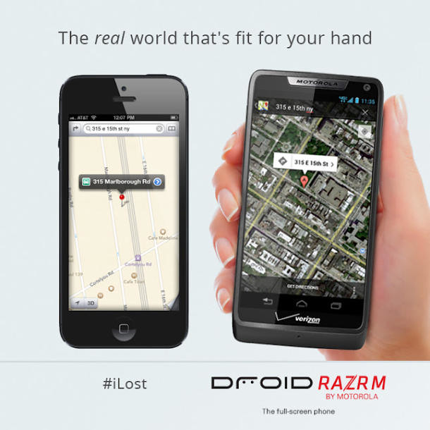 Iklan promosi Motorola Droid Razr M yang mengejek aplikasi Apple Maps di iPhone 5
