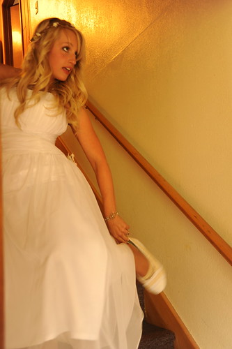 Jessie's getting married, in her wedding dress, pausing, putting on her shoe, staircase, the Mason's house, Tail Waggin' Lane, Fairbanks, Alaska, USA by Wonderlane