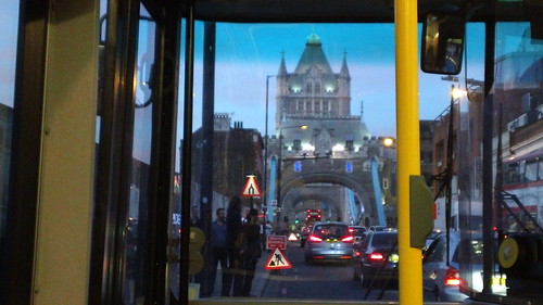 Tower Bridge at sunset from bus width=