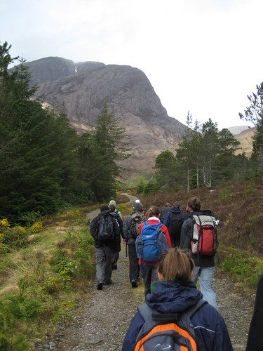 Looking up at The Nose of Fuar Tholl as we head through the forest at Achnashellach