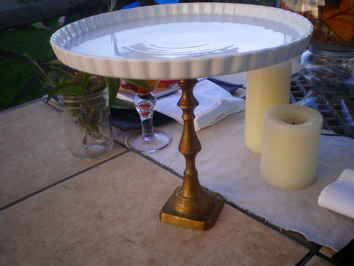Make your own cake stand using candlestick and quiche plate- Karins Kottage