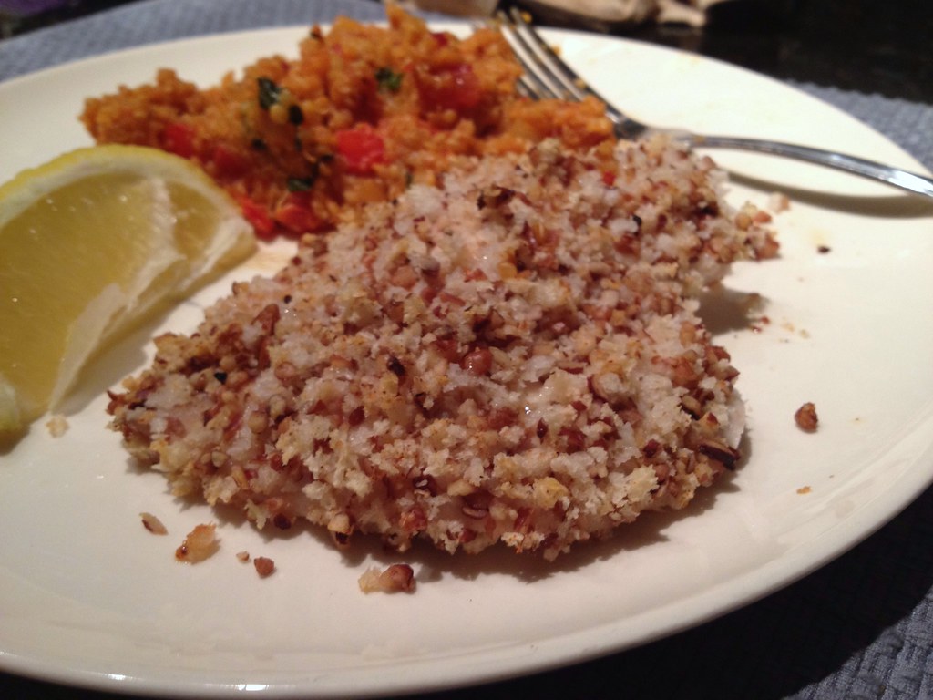 Pecan-crusted tilapia with spicy tomato basil quinoa