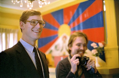 Happiness - Jeff Schoening and Steve Dalos (with camera), 1980, opening the old Sakya Dharma Center on 18th in the U District, Open House, Tibetan National Flag, Seattle, Washington, USA by Wonderlane