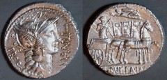 RRC 367/3 L.SVLLA IMP L.MANLI T Cornelia Denarius. Roma, Sulla in Quadriga. Scarce variety with T for Torquatus in obverse legend. Mint moving with Sulla, 82BC.