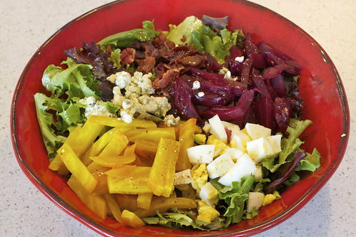 Beet, Bacon, Spinach, Egg, and Blue Cheese Salad