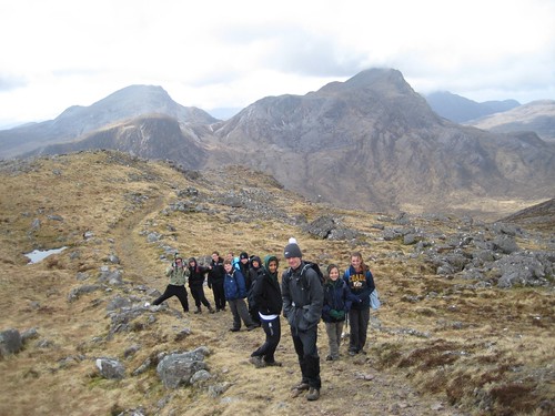 The group at Bealach Mor with Moal Chean-dearg and An Ruadh-Stac behind