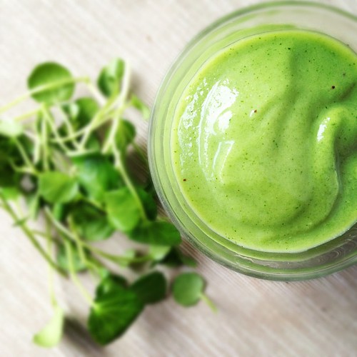 Better than I thought it would be: green smoothie w/ banana, apple, avo & watercress.