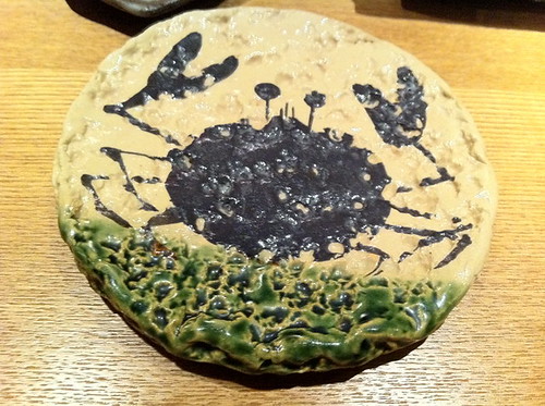 Oribe ceramic platter with glazed image of a crustacean