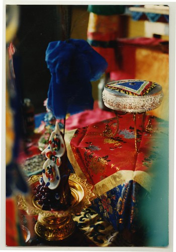 Wrathful torma offering for yidam, silk cover, mandala on silver mandala plate, Sakya Lamdre, 13 Golden Dharmas, Tharlam Monastery of Tibetan Buddhism, Boudha, Kathmandu, Nepal 1990 by Wonderlane