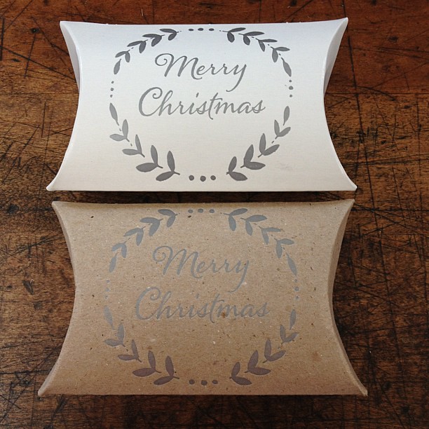 Merry Christmas pillow boxes in silver ink. Perfect for small trinkets and stocking stuffers! #letterpress #stockingstuffer