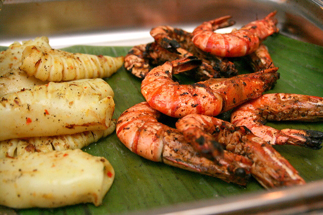 Grilled squid and prawns