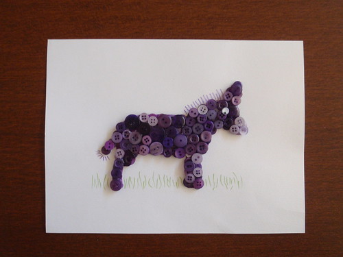 DONKEY BUTTON ART - Step 4 - Glue on eye and draw in mane, tail and grass