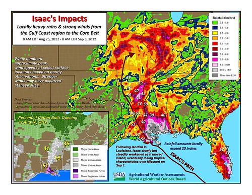 Isaac's impacts: Locally heavy rains and strong winds from the Gulf Coast region to the corn belt.