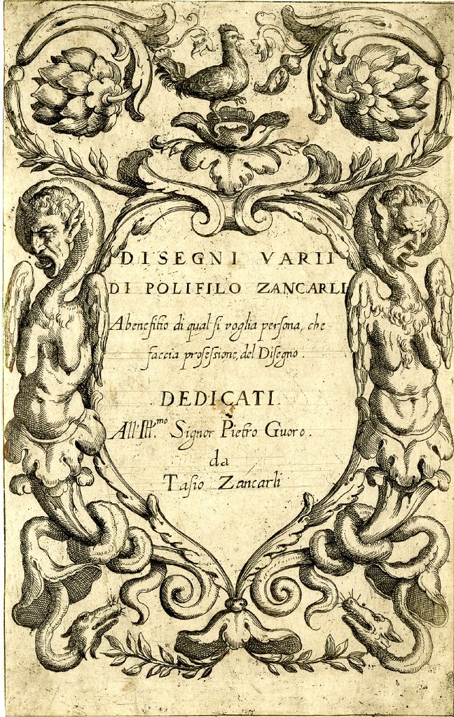 titlepage etching 1620s with acanthus rinceau and chimeric monster ornament border
