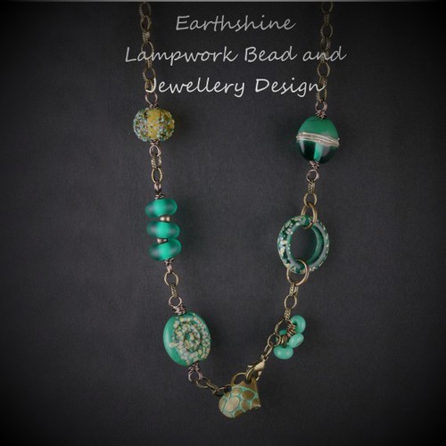 Teal Lampwork and Brass Necklace
