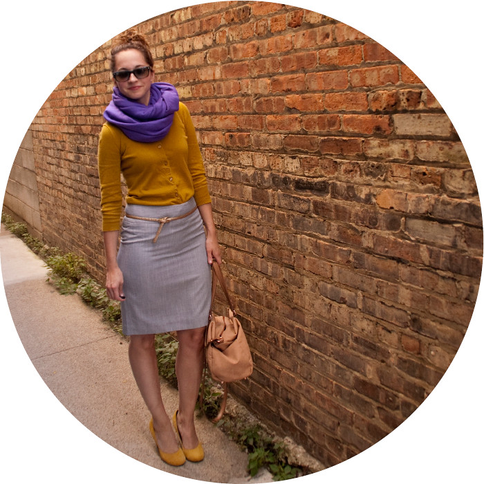 dash dot dotty, mustard and purple, fall color combinations, pencil skirt work outfits, yellow heels, big scarves, ootd