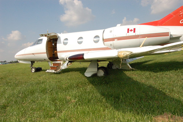 Side view of a Dassault Falcon 10 that overran the runway at Toronto/Buttonville Municipal Airport