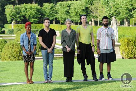 the five remaining designers standing in a fancy garden