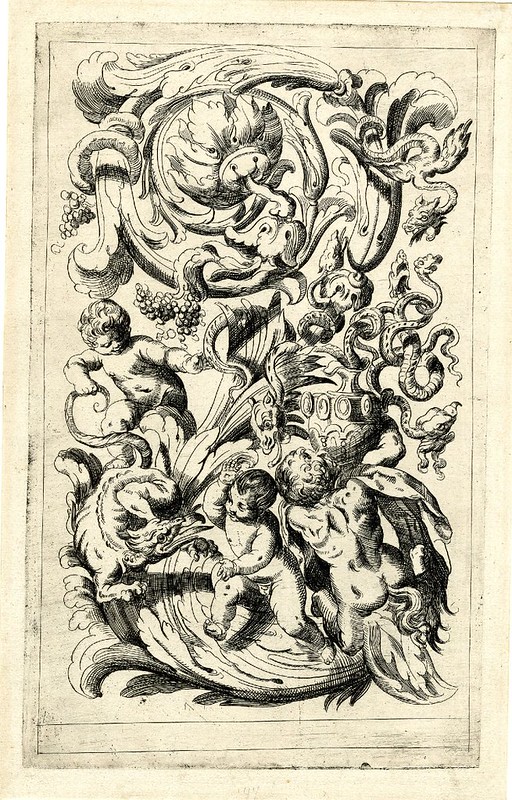 snakes, putti, monsters and plant vines in engraved grotesque etching