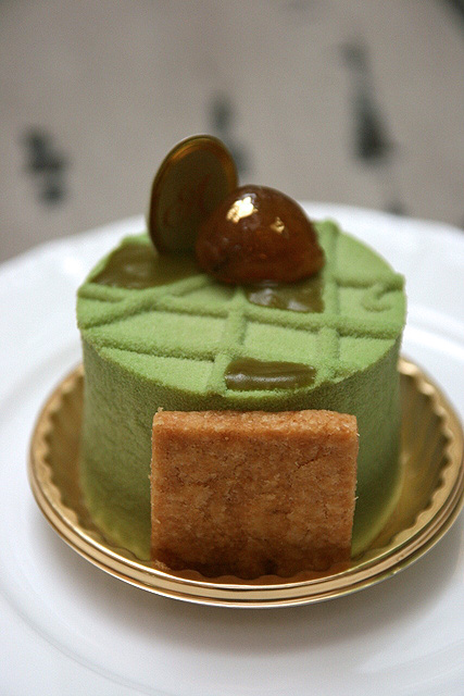 Kyoto - Green tea mascarpone mousse, chestnut cremeux, almond crumble green tea finger sponge