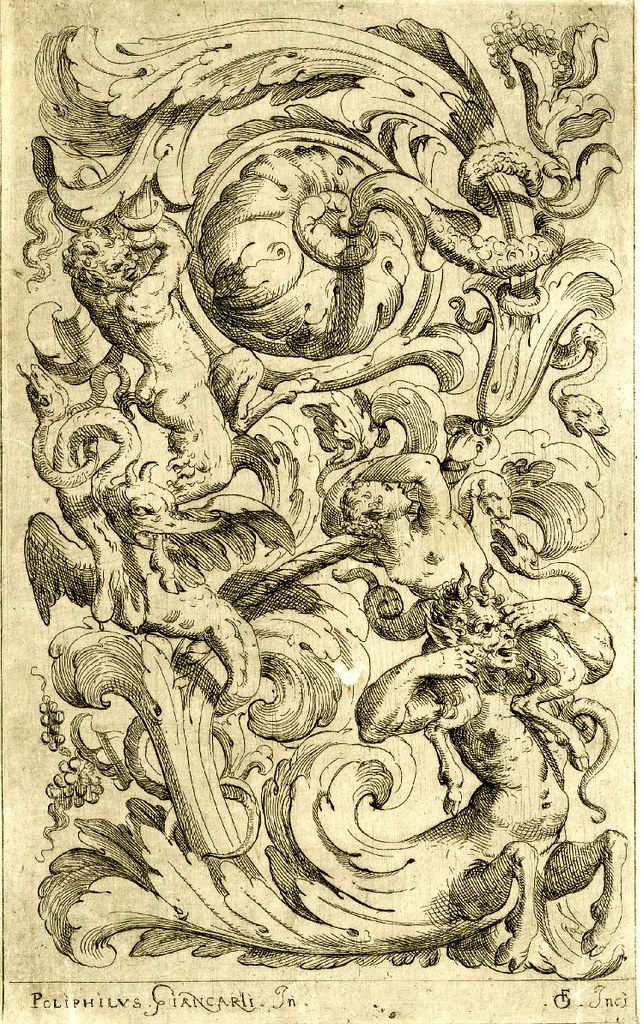satyrs and absurd foliage ornament in grotesque 1620s etching