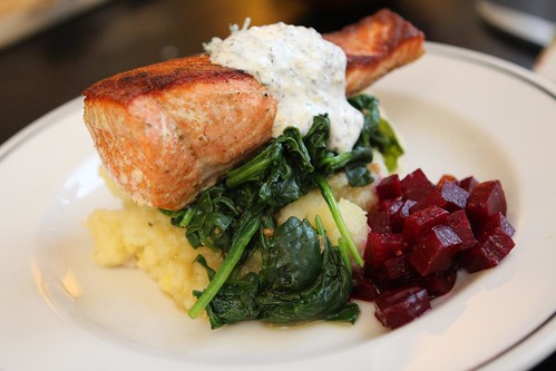 Pan Seared King Salmon with Mashed Potato, Garlic Spinach, Marinated Beets, and Mustard Cream Sauce