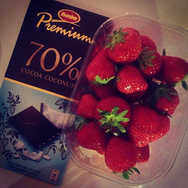 Swedish strawberries and coconut chocolate, hotel snack!
