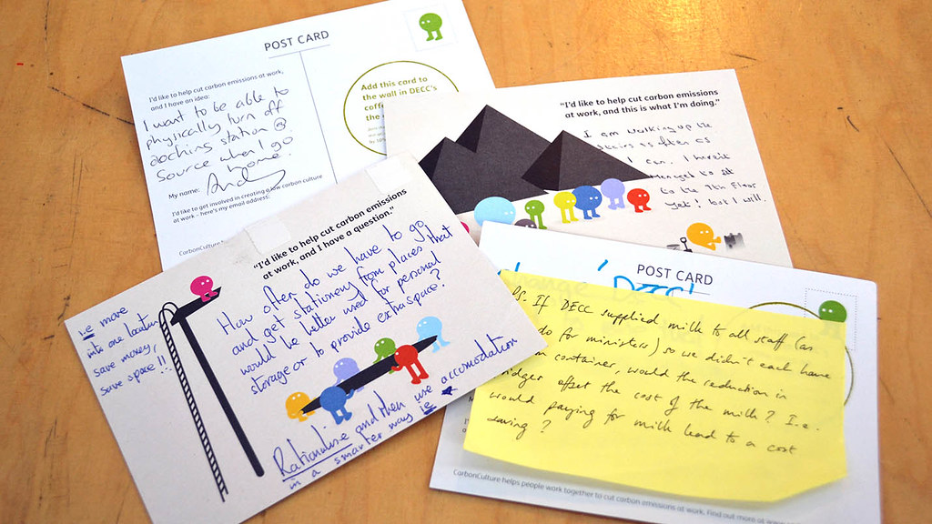 Photos of engagement postcards used to capture employees' ideas, concerns and good practices