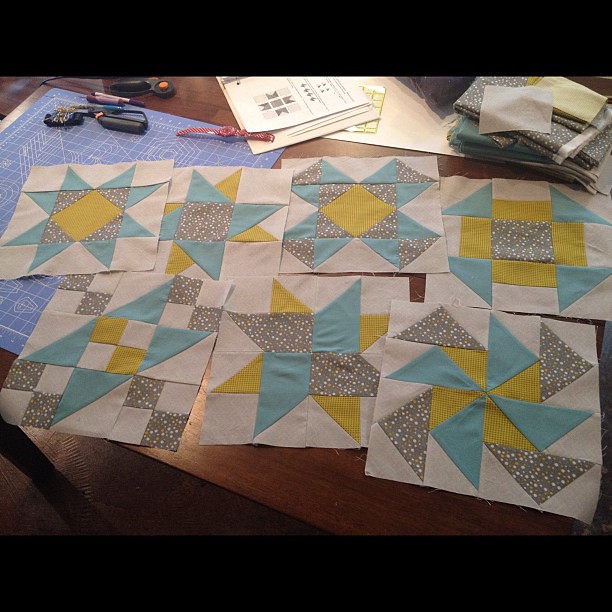 Quilt blocks for my first quilt so far. I like 'em, but think if I use the mustard for the sashing, that's gonna be a loooooooooot of mustard. It's much bolder than i expected. May change sashing to the grey/dots & keep border aqua ... #quilting